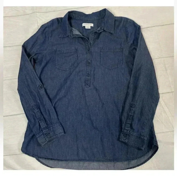 Liz Claiborne top Blue Denim Chambray Polka dot Roll Sleeve Shirt Woman’s size L - Picture 8 of 12